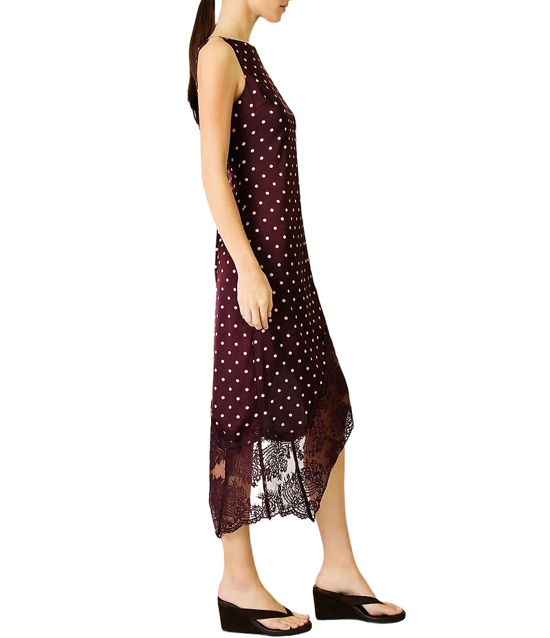 Line and Dot Raye Polka Dot Boat Neck Sleeveless Asymmetrical Lace Hem Midi Dress