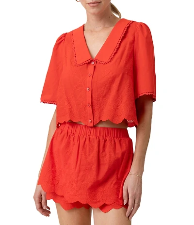 Line and Dot Rou Collared Short Sleeve Button Front Scalloped Hem Coordinating Shirt