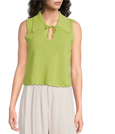 Line and Dot Shelma Pointelle Sweater Knit Spread Collar Sleeveless Top