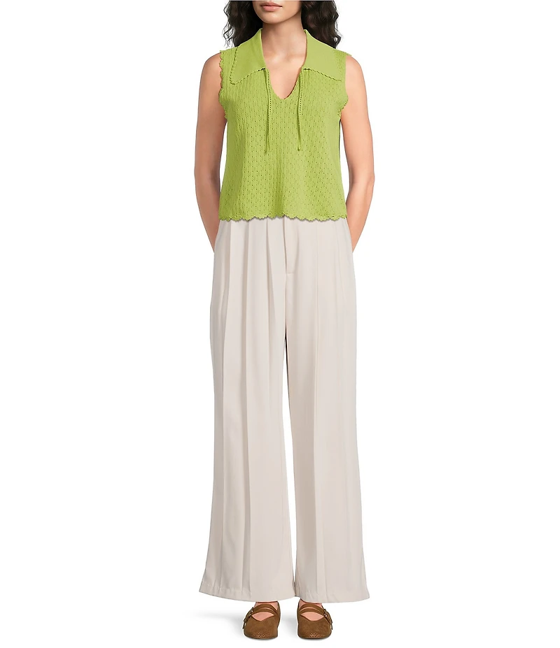 Line and Dot Shelma Pointelle Sweater Knit Spread Collar Sleeveless Top