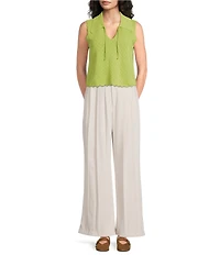 Line and Dot Shelma Pointelle Sweater Knit Spread Collar Sleeveless Top
