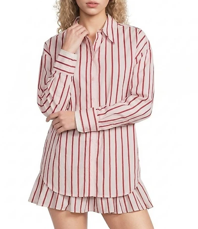 Line and Dot Vivee Stripe Print Point Collar Long Sleeve Button Front Coordinating Poplin Top