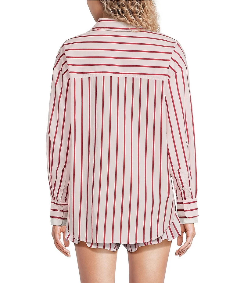 Line and Dot Vivee Stripe Print Point Collar Long Sleeve Button Front Coordinating Poplin Top