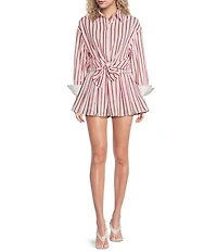 Line and Dot Vivee Stripe Print Point Collar Long Sleeve Button Front Coordinating Poplin Top