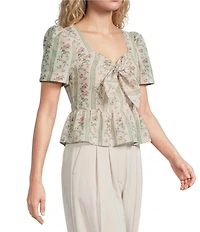Line and Dot Whitney Floral Print Sweetheart Neckline Short Sleeve Front Tie Peplum Top