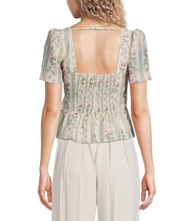 Line and Dot Whitney Floral Print Sweetheart Neckline Short Sleeve Front Tie Peplum Top