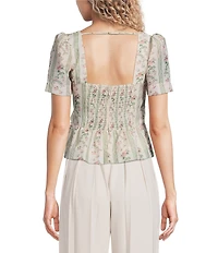 Line and Dot Whitney Floral Print Sweetheart Neckline Short Sleeve Front Tie Peplum Top