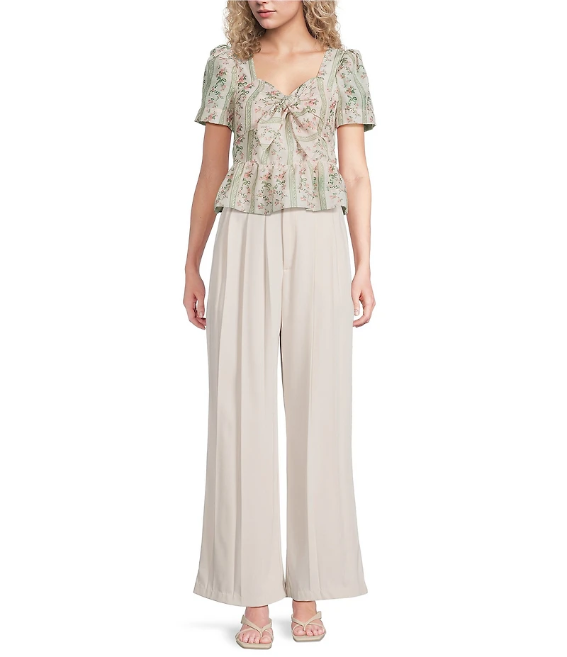 Line and Dot Whitney Floral Print Sweetheart Neckline Short Sleeve Front Tie Peplum Top