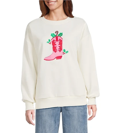 Lisa International Crew Neck Long Sleeve Cow Girl Boot Christmas Sweatshirt