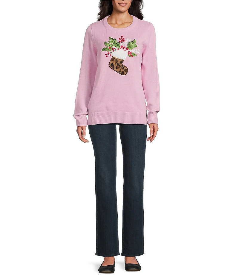 Lisa International Crew Neck Long Sleeve Embellished Leopard Stocking Christmas Sweater