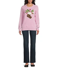 Lisa International Crew Neck Long Sleeve Embellished Leopard Stocking Christmas Sweater