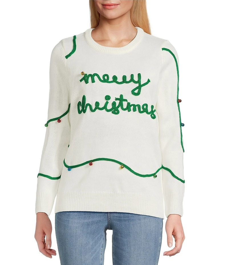 Lisa International Crew Neck Long Sleeve Embriordered Merry Christmas Sweater