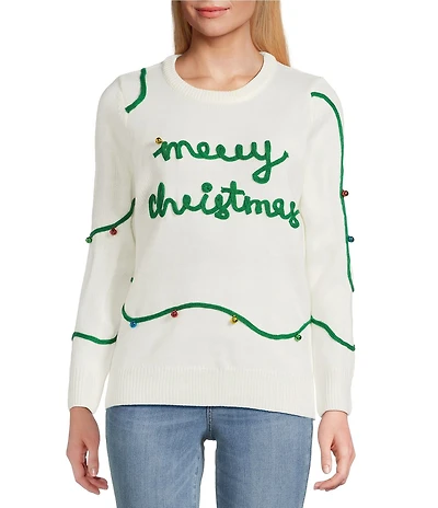 Lisa International Crew Neck Long Sleeve Embriordered Merry Christmas Sweater