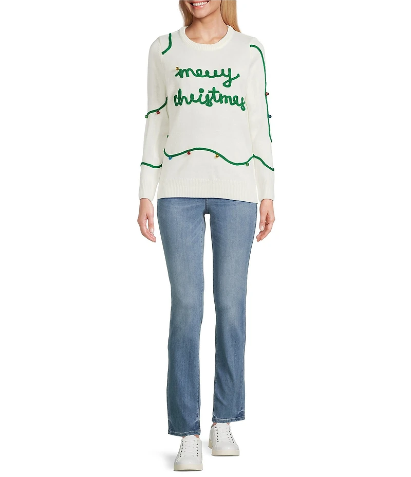 Lisa International Crew Neck Long Sleeve Embriordered Merry Christmas Sweater