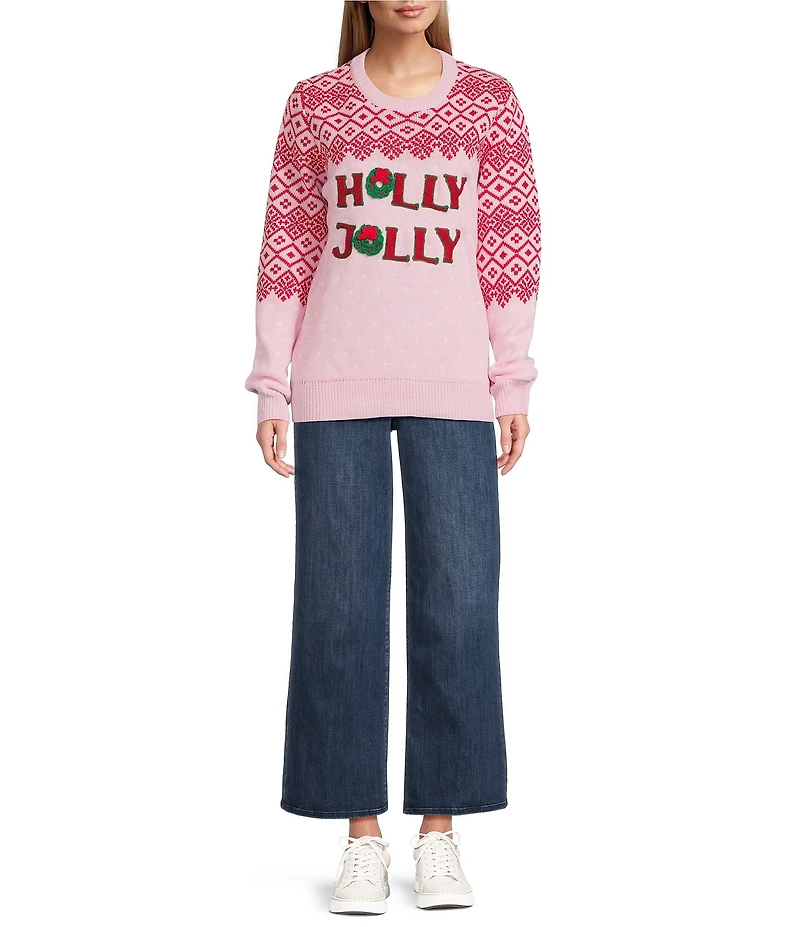 Lisa International Crew Neck Long Sleeve Holly Jolly Christmas Sweater