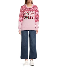 Lisa International Crew Neck Long Sleeve Holly Jolly Christmas Sweater