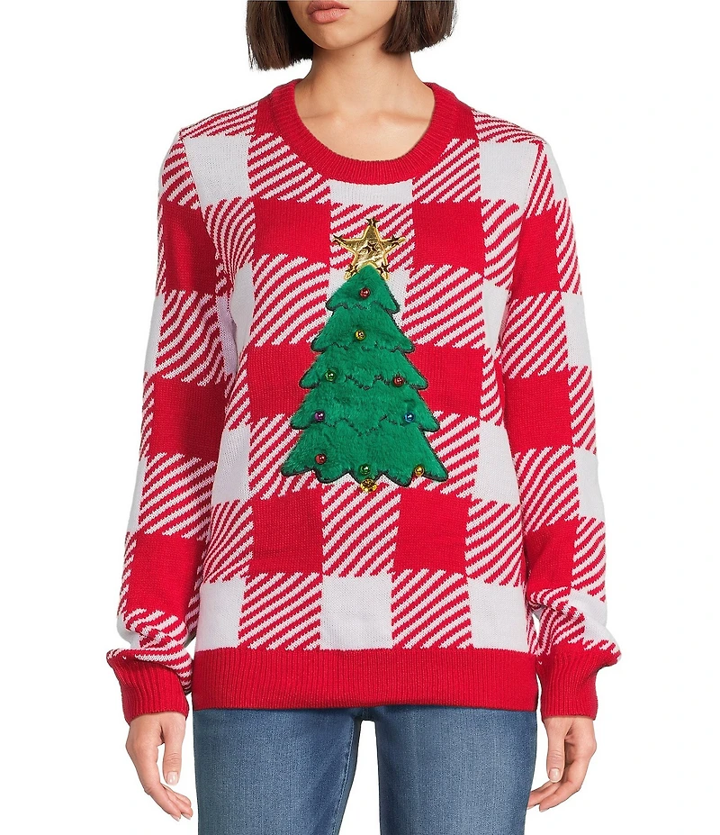 Lisa International Crew Neck Long Sleeve Plaid Christmas Tree Sweater