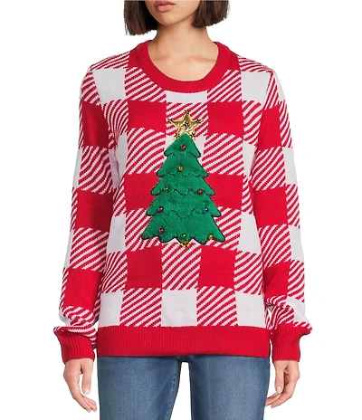 Lisa International Crew Neck Long Sleeve Plaid Christmas Tree Sweater