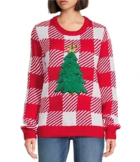 Lisa International Crew Neck Long Sleeve Plaid Christmas Tree Sweater