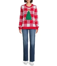 Lisa International Crew Neck Long Sleeve Plaid Christmas Tree Sweater