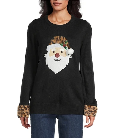 Lisa International Faux Fur Trim Crew Neck Long Sleeve Santa Christmas Sweater