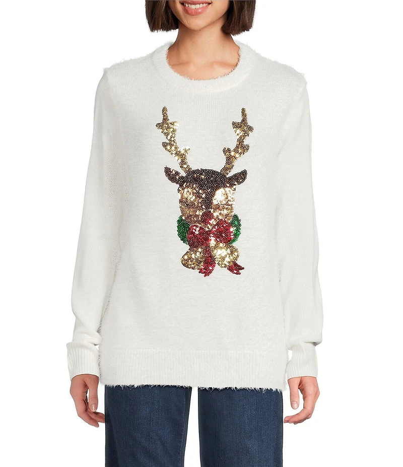 Lisa International Furry Yarn Sequined Reindeer Crew Neck Long Sleeve Christmas Sweater