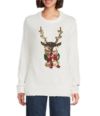 Lisa International Furry Yarn Sequined Reindeer Crew Neck Long Sleeve Christmas Sweater