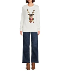 Lisa International Furry Yarn Sequined Reindeer Crew Neck Long Sleeve Christmas Sweater