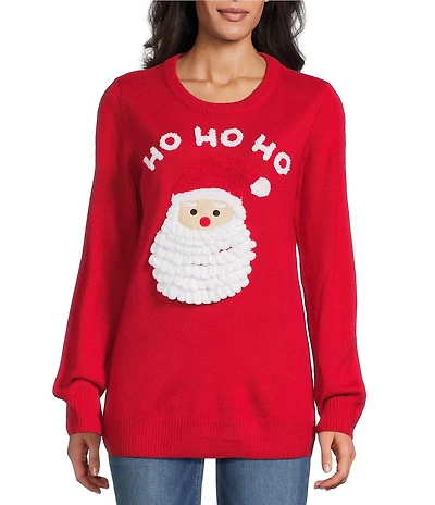 Lisa International Petite Size Crew Neck Long Sleeve Santa Christmas Sweater