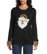 Lisa International Petite Size Faux Fur Trim Crew Neck Long Sleeve Santa Christmas Sweater