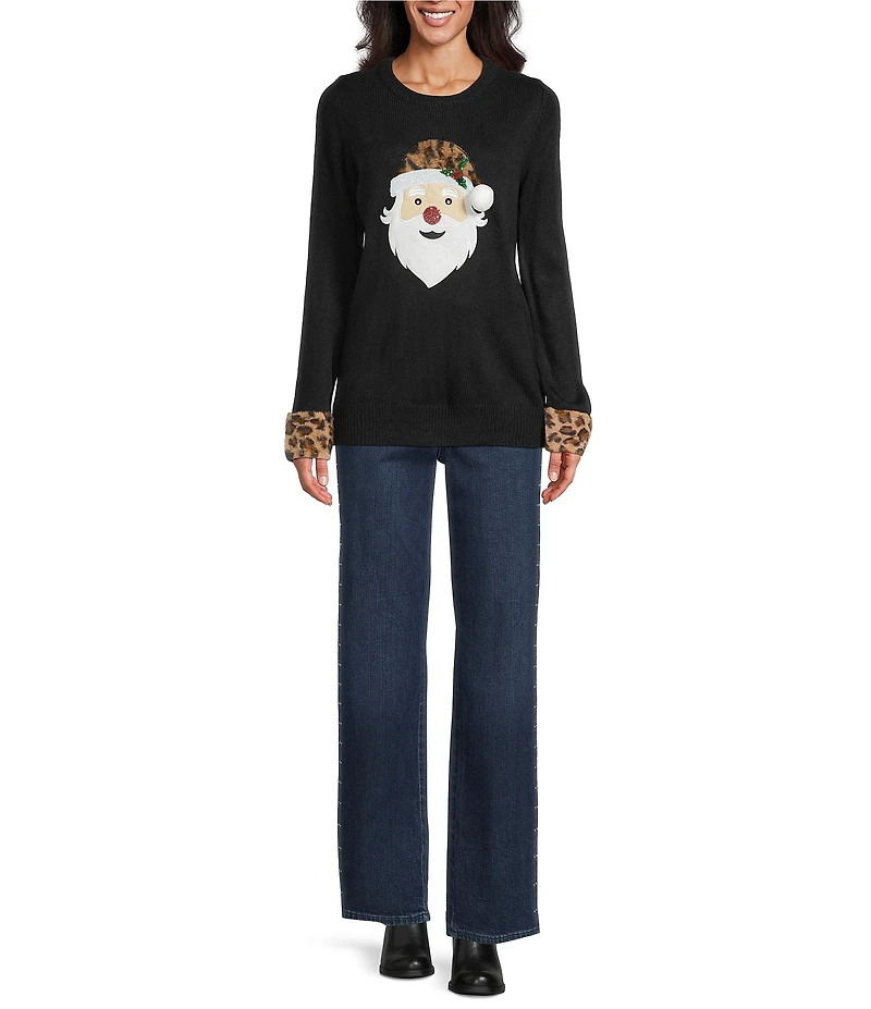 Lisa International Petite Size Faux Fur Trim Crew Neck Long Sleeve Santa Christmas Sweater