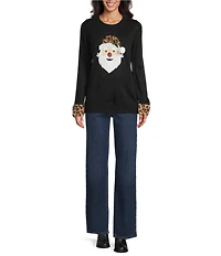 Lisa International Petite Size Faux Fur Trim Crew Neck Long Sleeve Santa Christmas Sweater