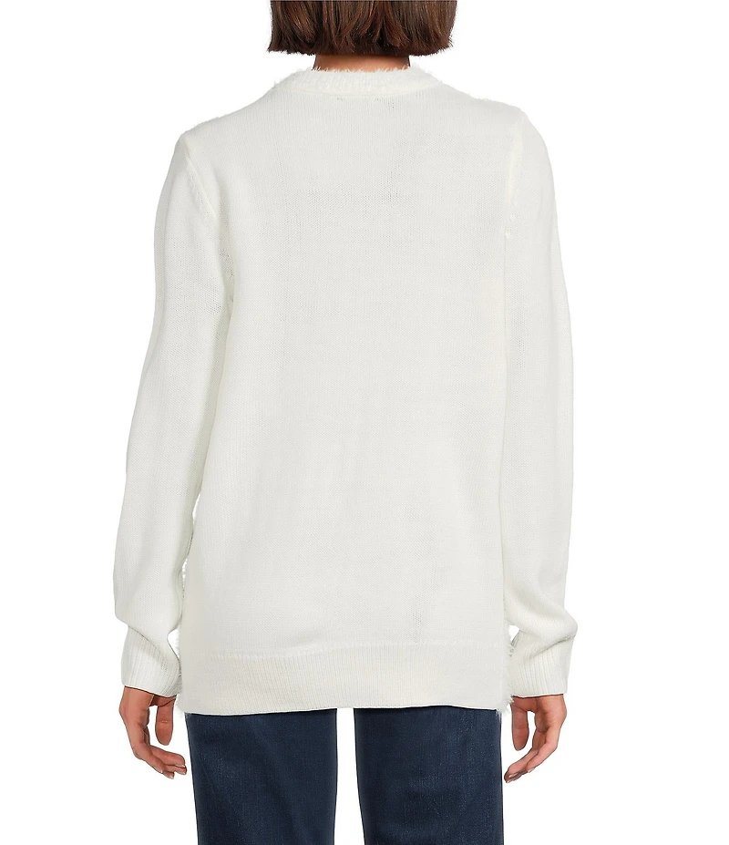 Lisa International Petite Size Furry Yarn Sequined Reindeer Crew Neck Long Sleeve Christmas Sweater