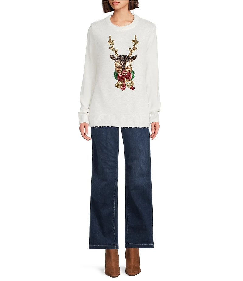 Lisa International Petite Size Furry Yarn Sequined Reindeer Crew Neck Long Sleeve Christmas Sweater