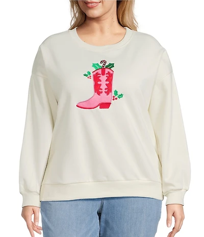 Lisa International Plus Size Crew Neck Long Sleeve Cow Girl Boot Christmas Sweatshirt