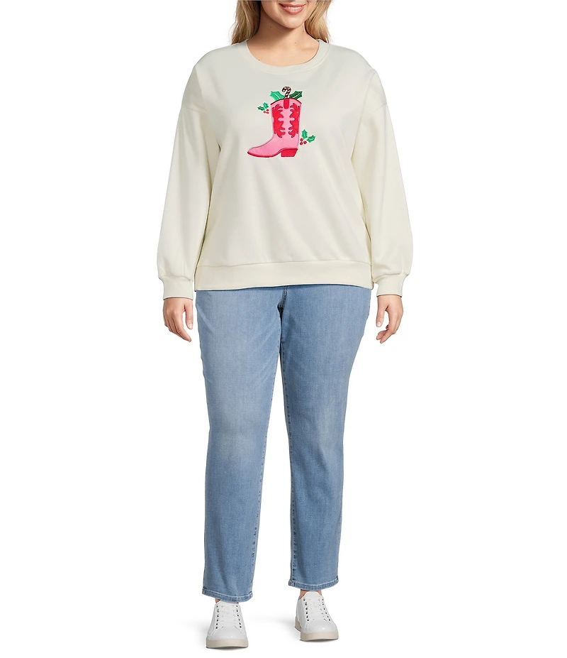 Lisa International Plus Size Crew Neck Long Sleeve Cow Girl Boot Christmas Sweatshirt