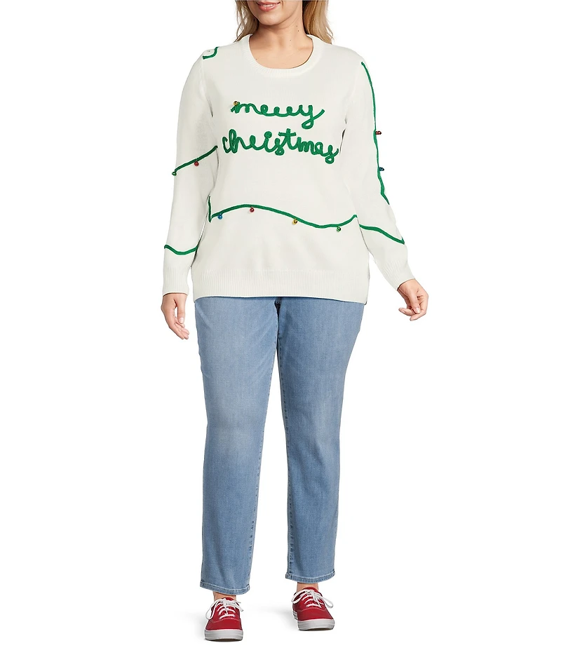 Lisa International Plus Size Crew Neck Long Sleeve Embriordered Merry Christmas Sweater