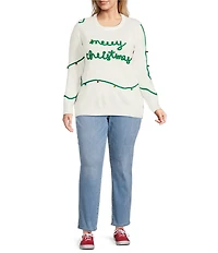 Lisa International Plus Size Crew Neck Long Sleeve Embriordered Merry Christmas Sweater