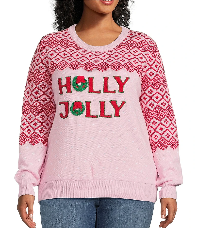 Lisa International Plus Size Crew Neck Long Sleeve Holly Jolly Christmas Sweater
