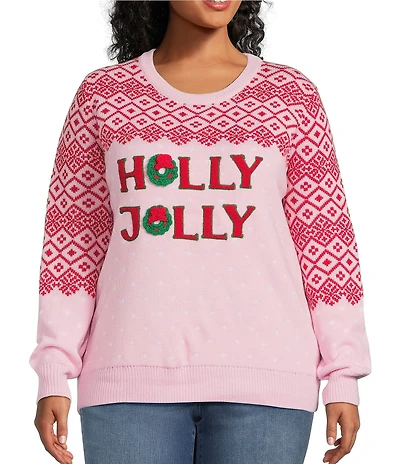 Lisa International Plus Size Crew Neck Long Sleeve Holly Jolly Christmas Sweater