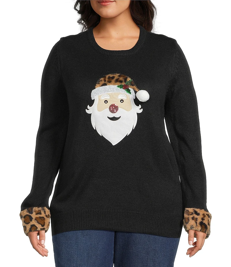 Lisa International Plus Size Faux Fur Trim Crew Neck Long Sleeve Santa Christmas Sweater