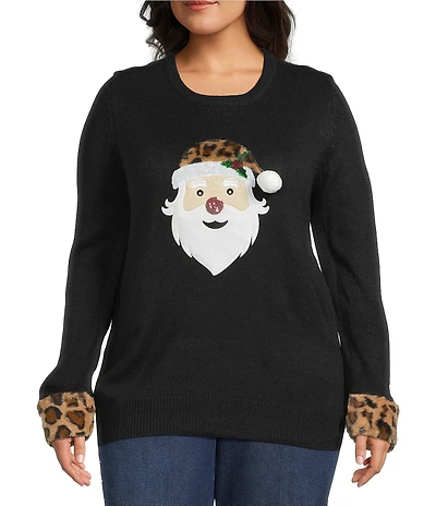 Lisa International Plus Size Faux Fur Trim Crew Neck Long Sleeve Santa Christmas Sweater