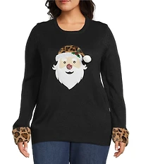 Lisa International Plus Size Faux Fur Trim Crew Neck Long Sleeve Santa Christmas Sweater