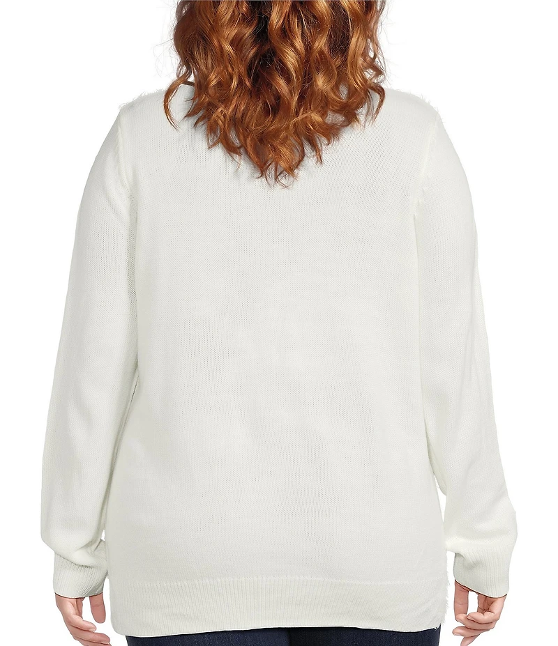 Lisa International Plus Size Furry Yarn Sequined Reindeer Crew Neck Long Sleeve Christmas Sweater