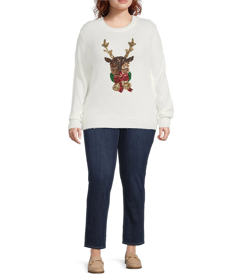 Lisa International Plus Size Furry Yarn Sequined Reindeer Crew Neck Long Sleeve Christmas Sweater
