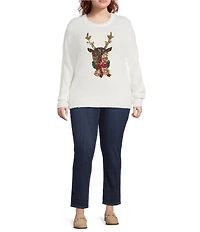 Lisa International Plus Size Furry Yarn Sequined Reindeer Crew Neck Long Sleeve Christmas Sweater