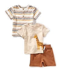 Little Me Baby Boys Short-Sleeve Giraffe-Motif T-Shirt, Short-Sleeve Striped Henley T-Shirt & Solid Shorts Set