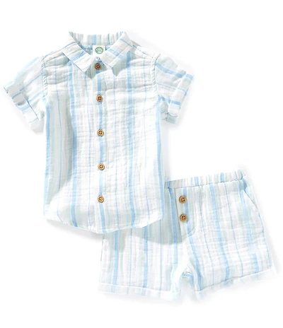Little Me Baby Boys Short Sleeve Striped Woven Shirt & Matching Pull-On Shorts Set