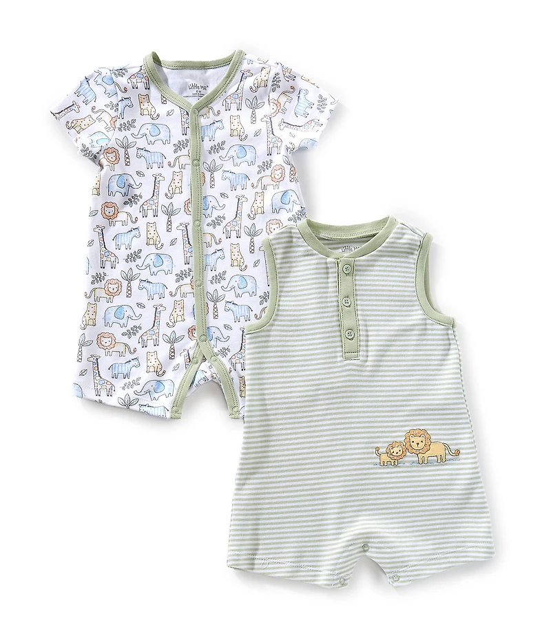 Little Me Baby Boys Short-Sleeve Safari-Animal-Printed Shortall & Sleeveless Striped Animal-Motif Shortall Two-Pack