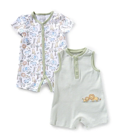Little Me Baby Boys Short-Sleeve Safari-Animal-Printed Shortall & Sleeveless Striped Animal-Motif Shortall Two-Pack